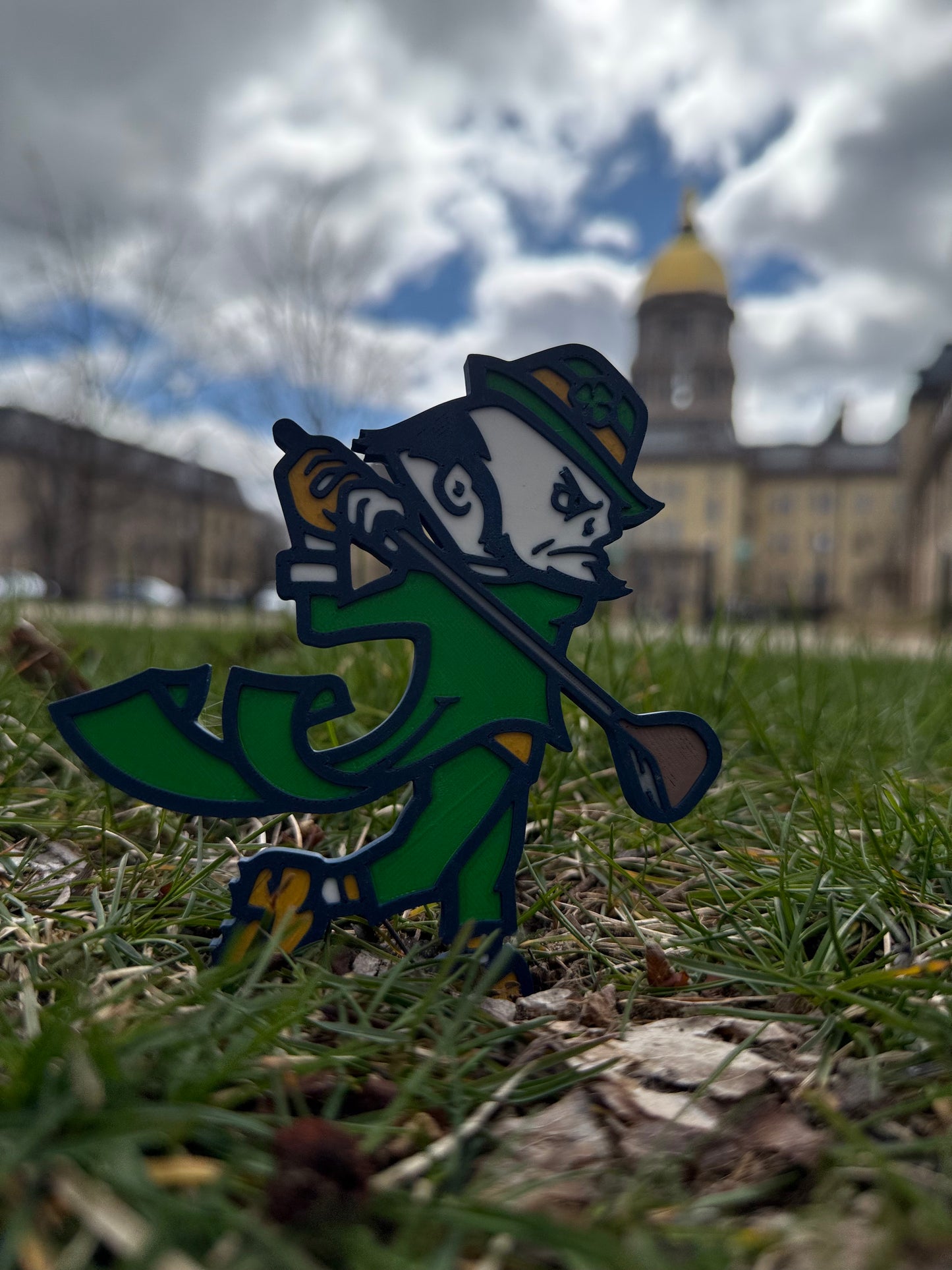 Cartoon character in a green outfit with a hat and staff on grass, with a blurred building in the background.
